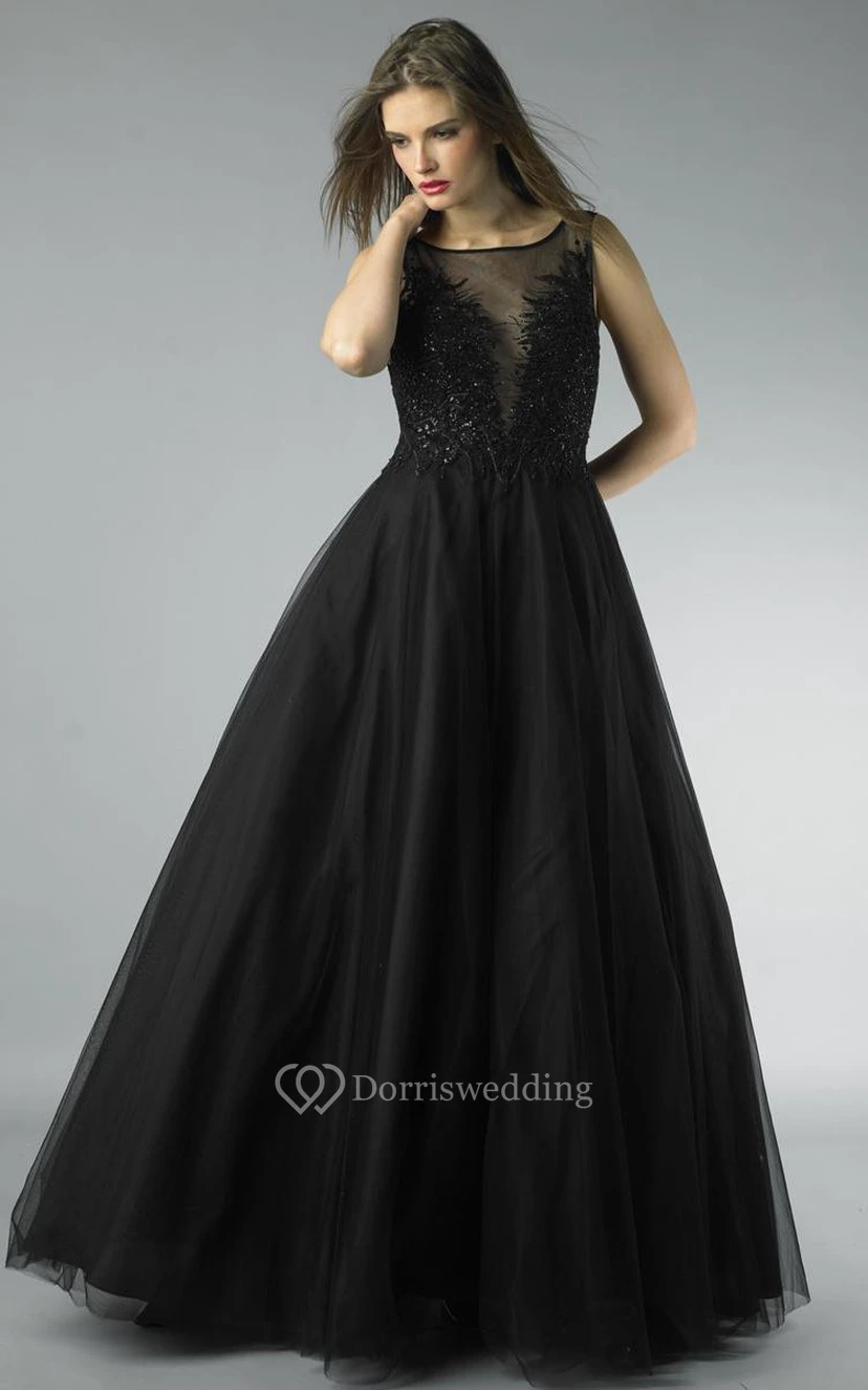 A-line Floor-length Bateau Sleeveless Tulle Low-V Back Dress view 8