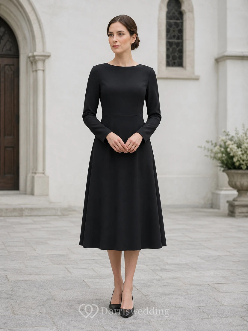 Robe midi commémorative noire à manches longues et col bateau