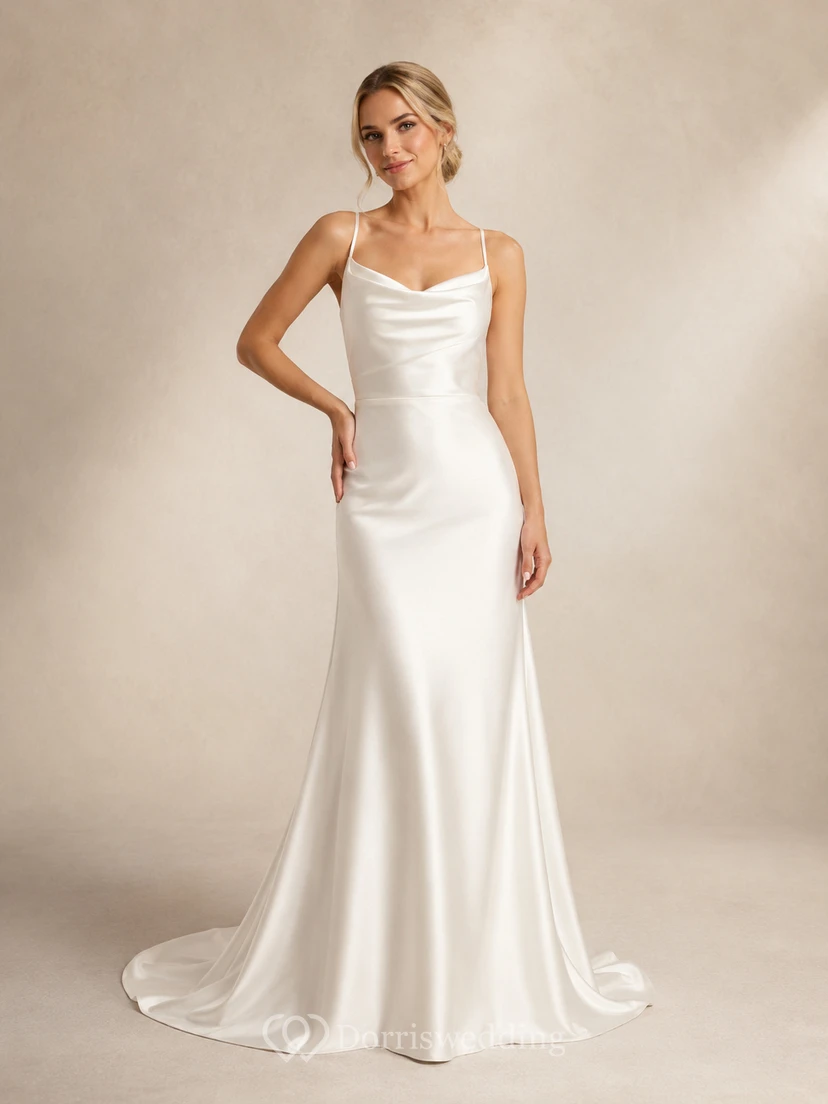 Vestido de novia de satén para la playa, estilo tubo, tirantes finos, cola larga y espalda descubierta.