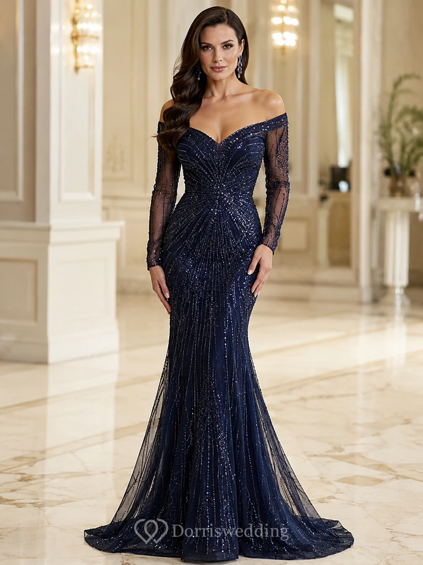 Navy Off Shoulder Long Sleeve Sequined Mermaid Evening Dress