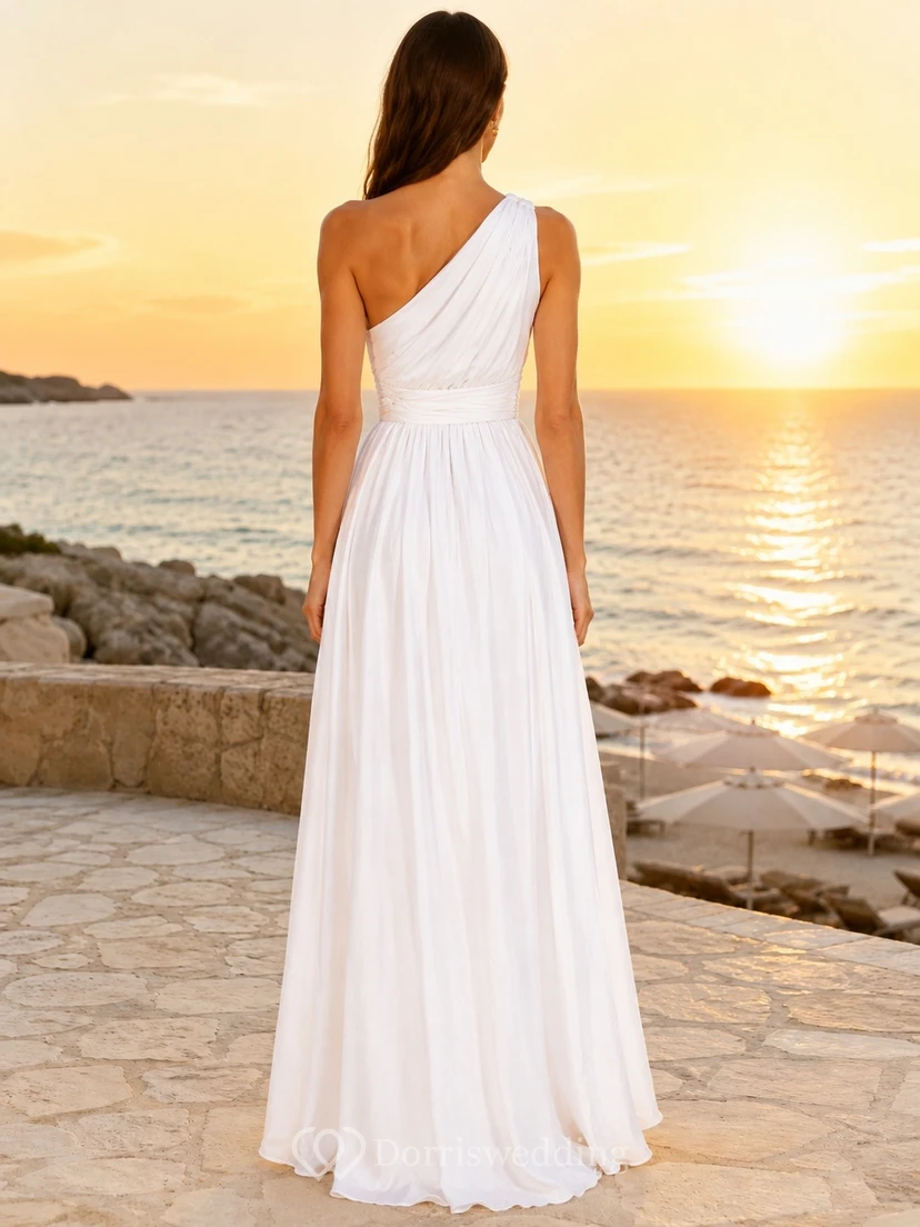 Beach One Shoulder White Chiffon Floor Length Split Evening Dress view 2
