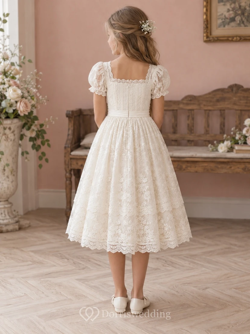 Vintage Tea-length Square Neck Ivory Puff Sleeve A-Line Tiered Scalloped Lace Pleated Sash Flowergirl Dress view 2