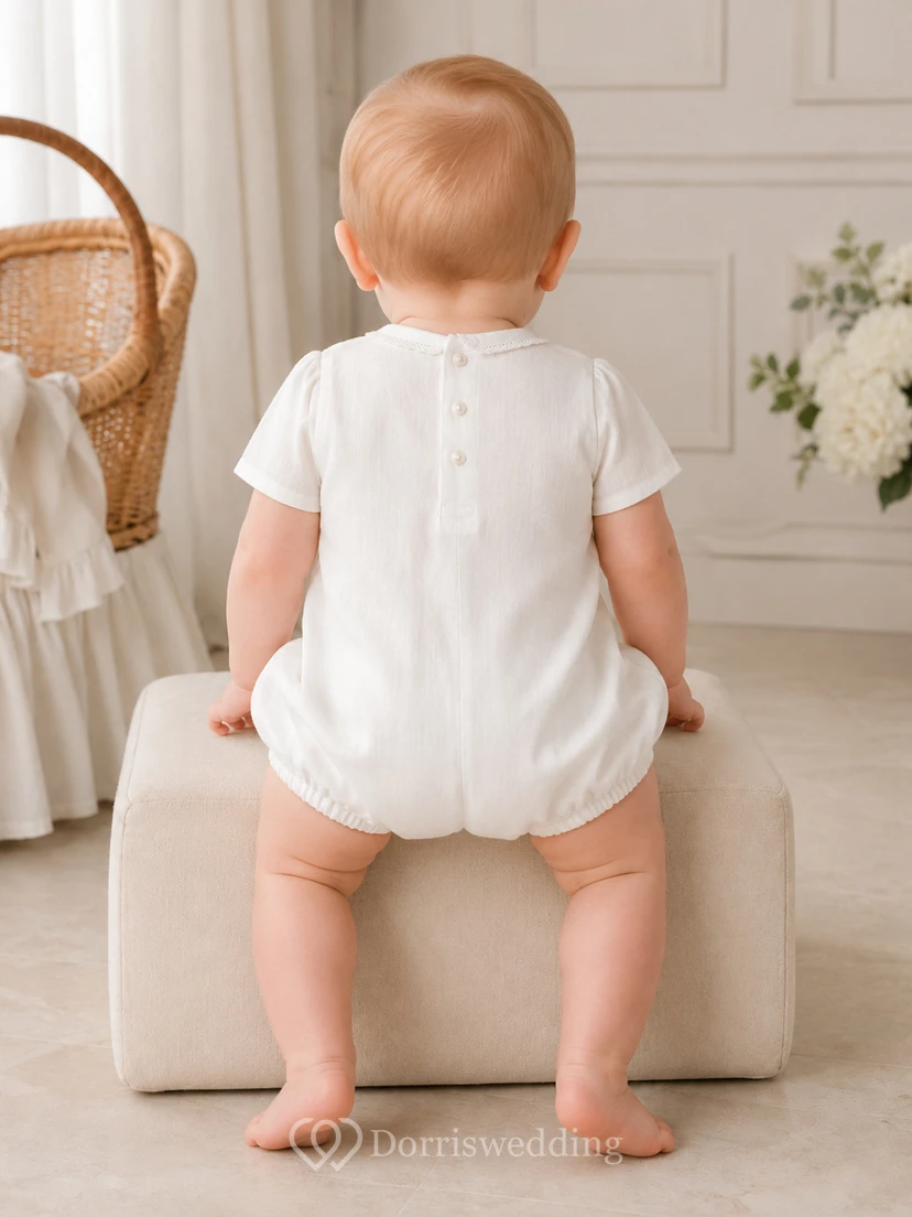 White Pintuck Bib Peter Collar Short Sleeve Infant Romper for Baby Boy view 2