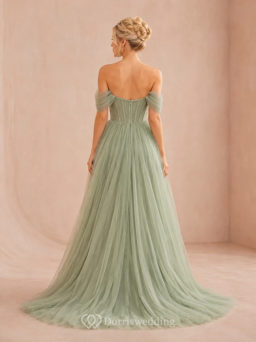 Sage Green Off-the-Shoulder Tulle Mermaid Sweep Train Gown view 2