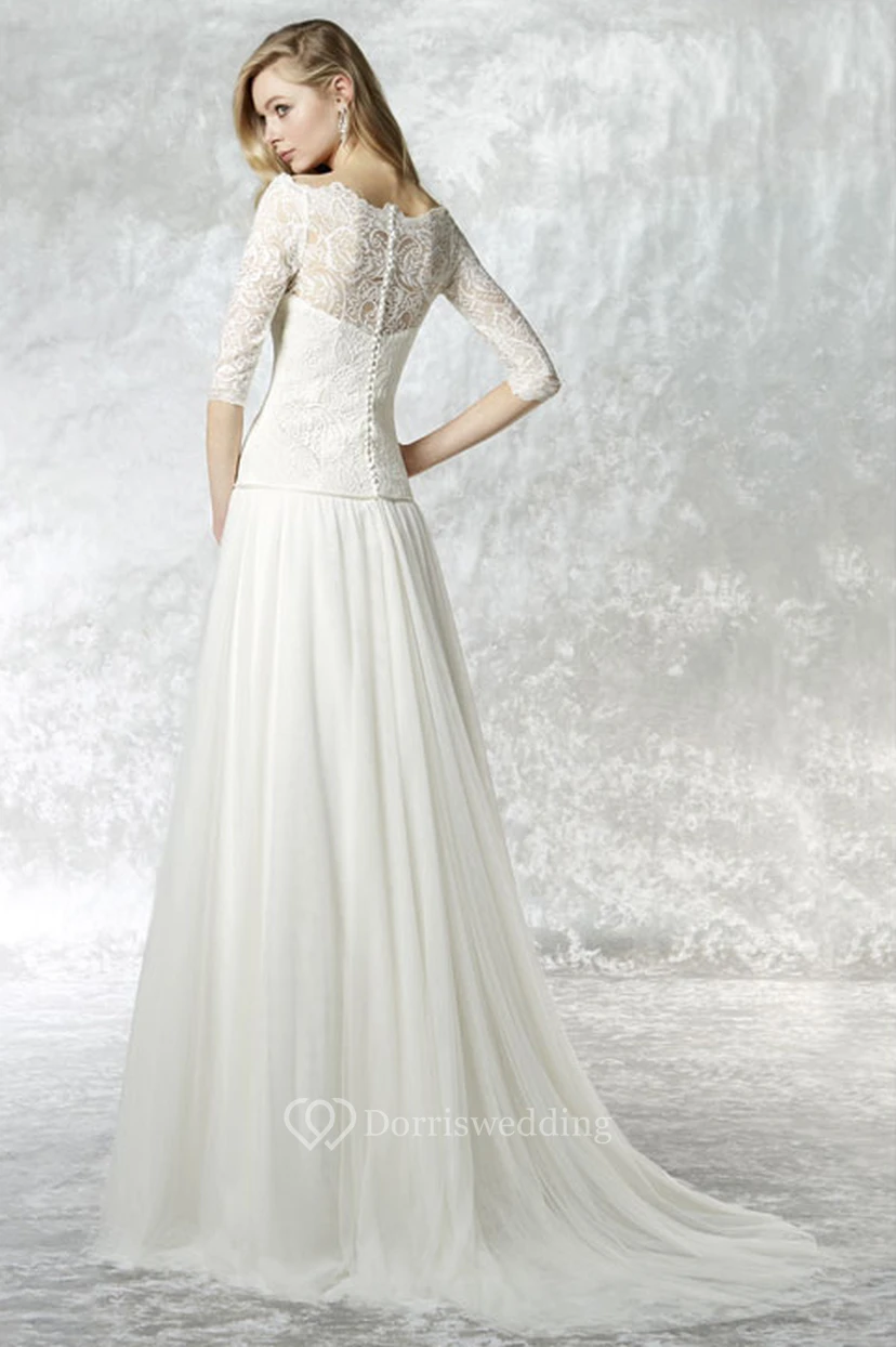 Sheath Bateau Neck 3-4 Sleeve Lace Tulle Wedding Dress With Brush Train view 2