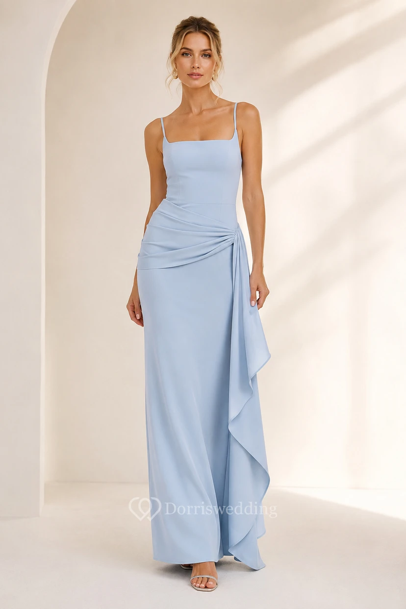 Robe de soirée bleu ciel en mousseline de soie, fourreau, col carré, sans manches, longueur au sol