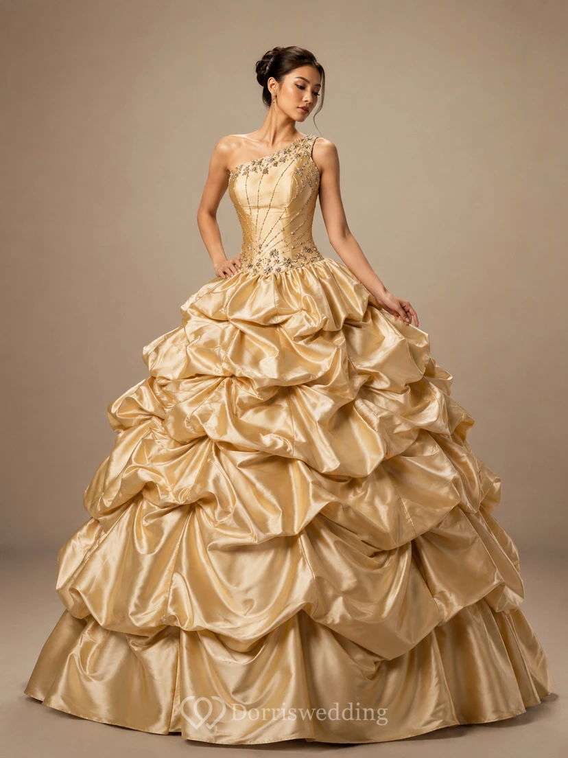 One-shoulder Ballgown With Ruffles and Beadings view 6