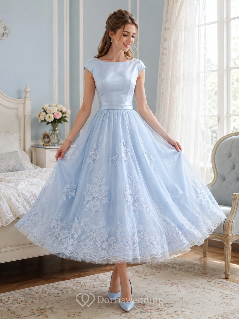 Vestido vintage sin mangas de largo midi con escote cuadrado de tul azul cielo