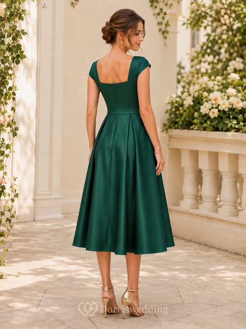 Robe midi plissée en satin Jade à col carré et manches courtes view 2