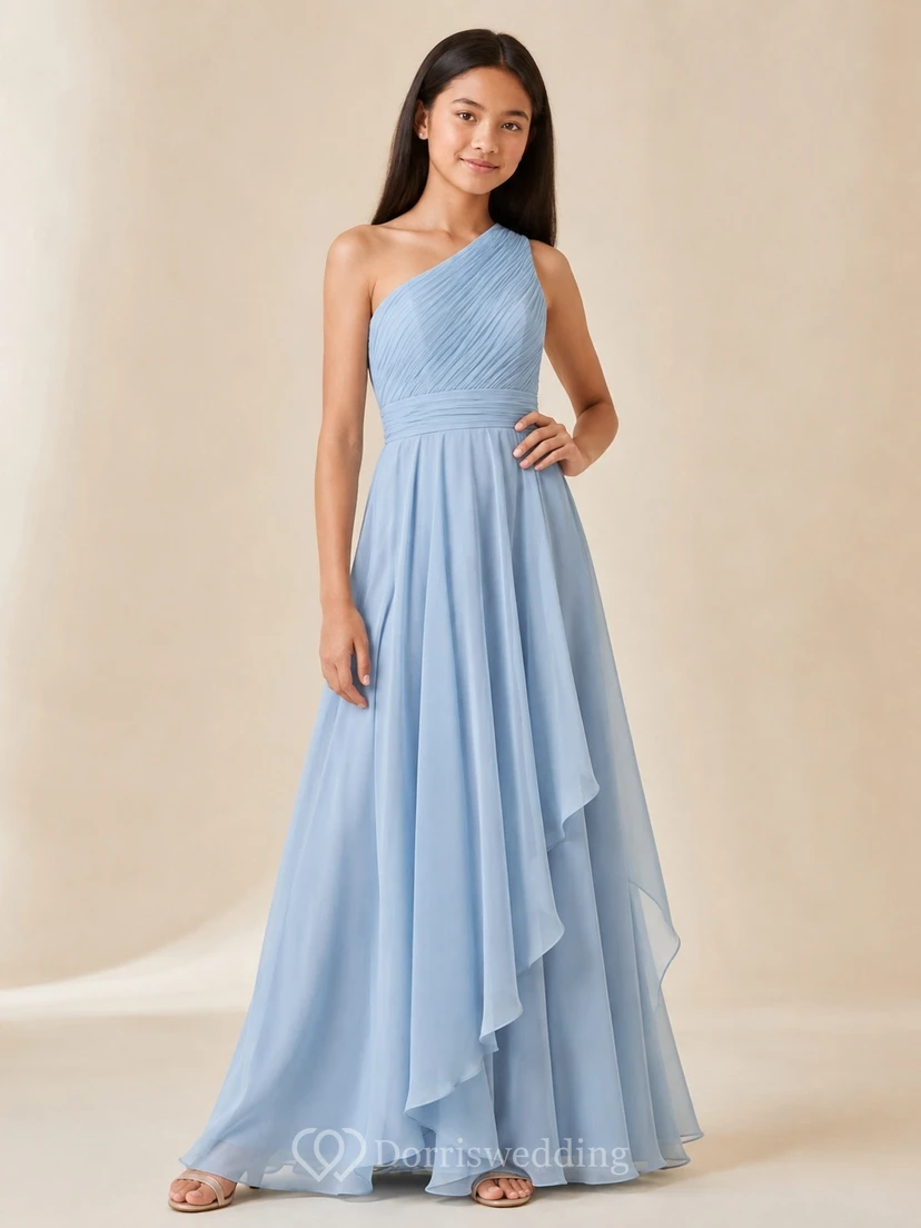 Vestido de dama de honor juvenil azul cielo, corte en A, un solo hombro, sin mangas, de gasa, romántico.