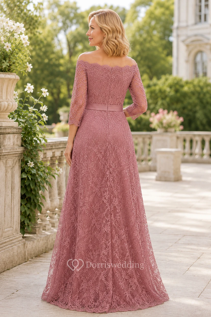 MOB-Kleid aus altrosa Spitze, A-Linie, 3/4-Ärmel, schulterfrei, bodenlang view 2