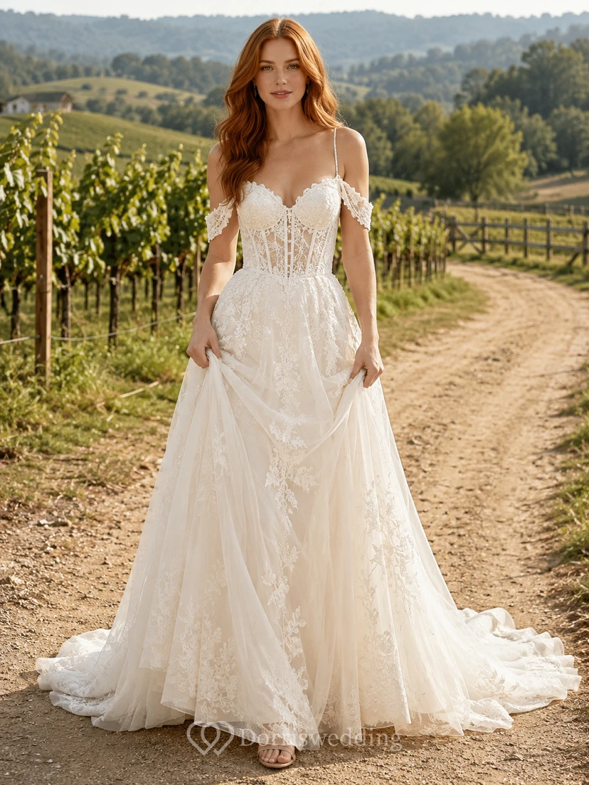 Vestido de novia de tul y encaje estilo campestre, corte en A, tirantes finos, cola capilla y escote en V bajo en la espalda.
