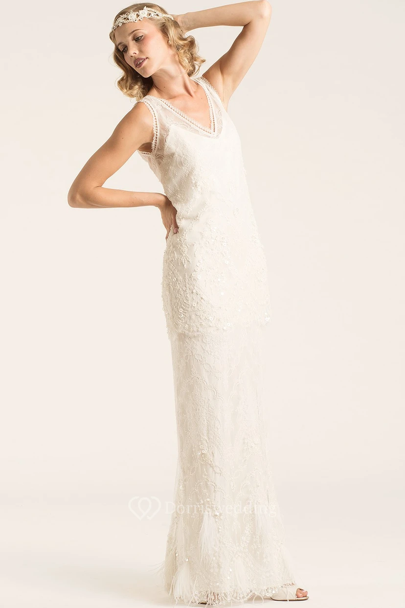 Floor-Length V-Neck Beaded Lace Wedding Dress With Appliques And V Back view 4