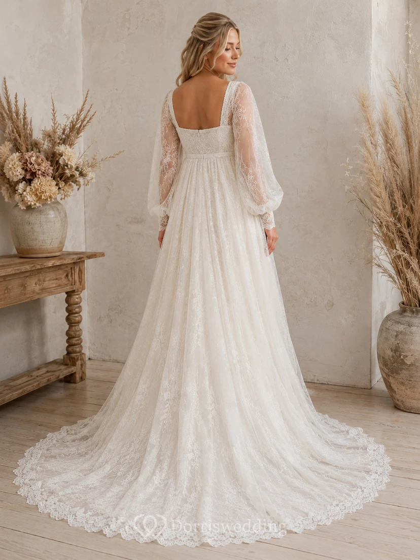 Maternity Bohemian Square Neck Long Poet Sleeve Lace Empire Sweep Train Wedding Dress view 2