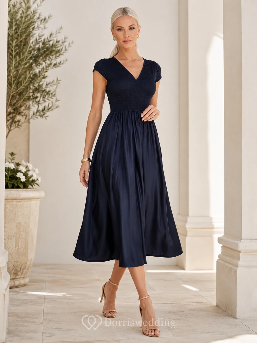 Dark Navy V-Neck Cap-Sleeve Smocked Satin Simple A-Line Guest Dress