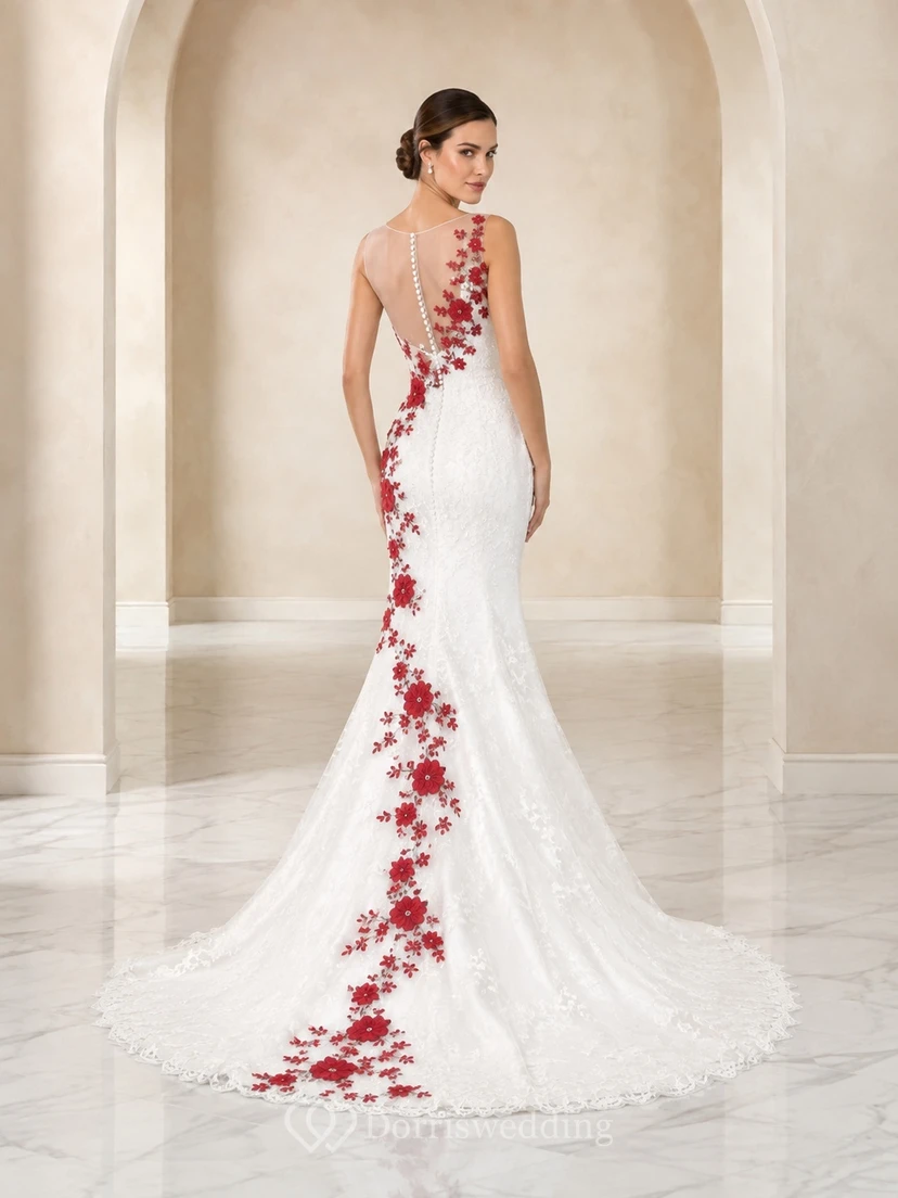 Modernes, rotes, modernes Brautkleid im Meerjungfrauenstil mit floralem One-Shoulder-Ausschnitt, Illusionsspitze und Schleppe aus roter Spitze. view 2