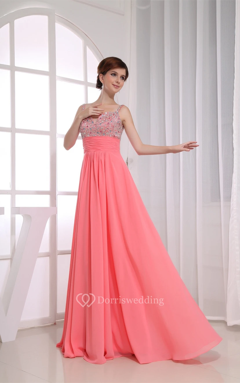 Spaghetti-Strap Floor-Length Chiffon Rhinestone and Dress With Pleats view 3
