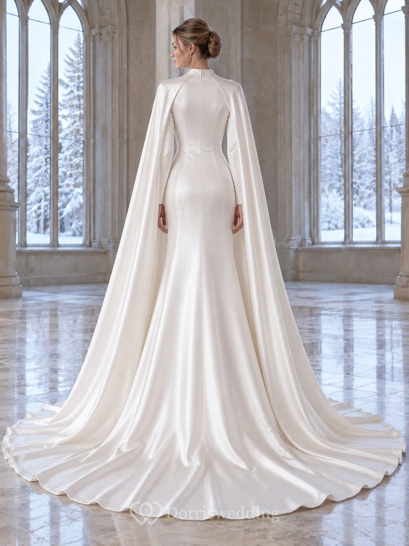 Vestido de novia tipo capa de satén con cuello alto y mangas largas, estilo modesto. view 2