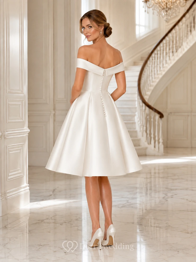 Elegante vestido de recepción nupcial de corte A, largo hasta la rodilla, de satén, con hombros descubiertos. view 2