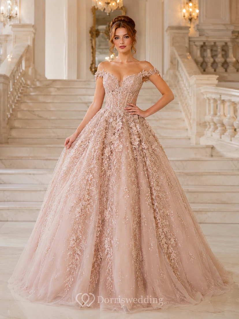 Robe de bal en dentelle délicate, tulle, décolleté cœur, manches courtes, traîne cathédrale, sequins, robe de mariée de salle de bal