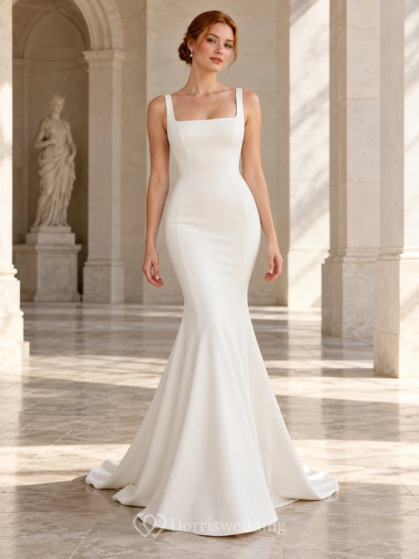 Simple Mermaid Square Neck Satin Sleeveless Sweep Train Wedding Dress