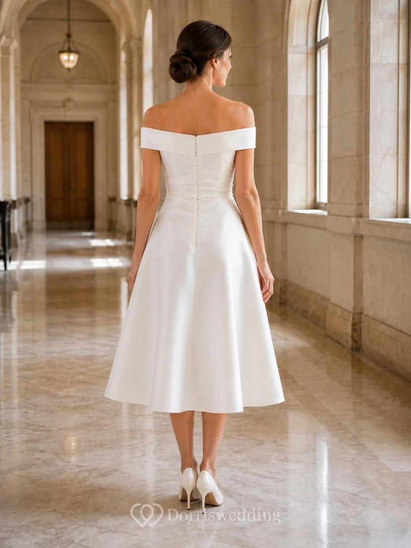 Standesamtliches schulterfreies A-Linien-Kleid in Teelänge – schlicht, dezent, modern – für eine standesamtliche Hochzeit view 2