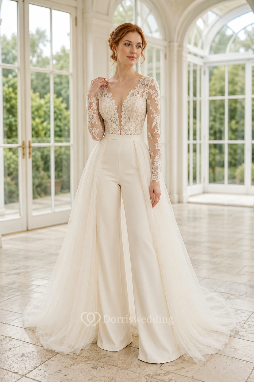 White Lace Long Sleeve Bridal Jumpsuit with Sweep Train