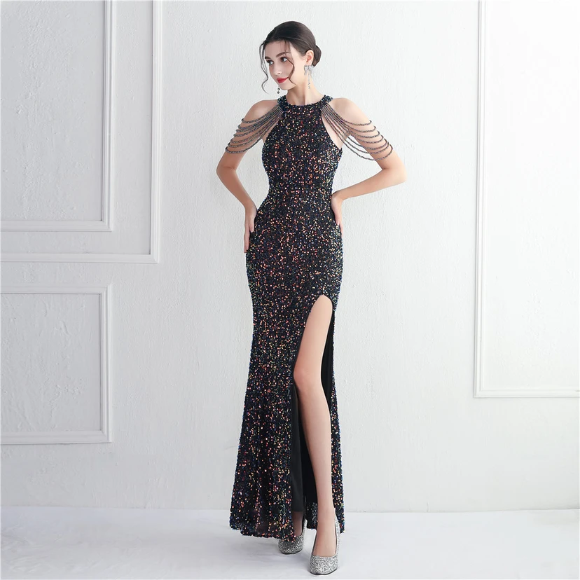 Heavy-Duty Glass Bead Craft Beaded Banquet Evening Dress Temperament Elegant Long Halter Neck Slit Sequins view 51