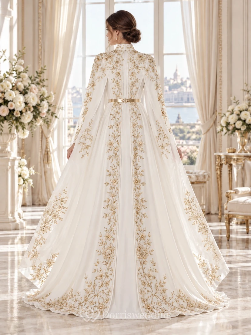 Modest Long Sleeve High Neck Gold Embroidered Abaya Wedding Dress view 2