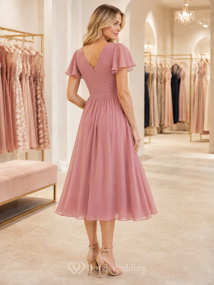 Vestido de cóctel romántico de gasa color rosa empolvado con escote en V y mangas con pétalos, corte en A y largo hasta la rodilla para damas de honor e invitadas. view 2