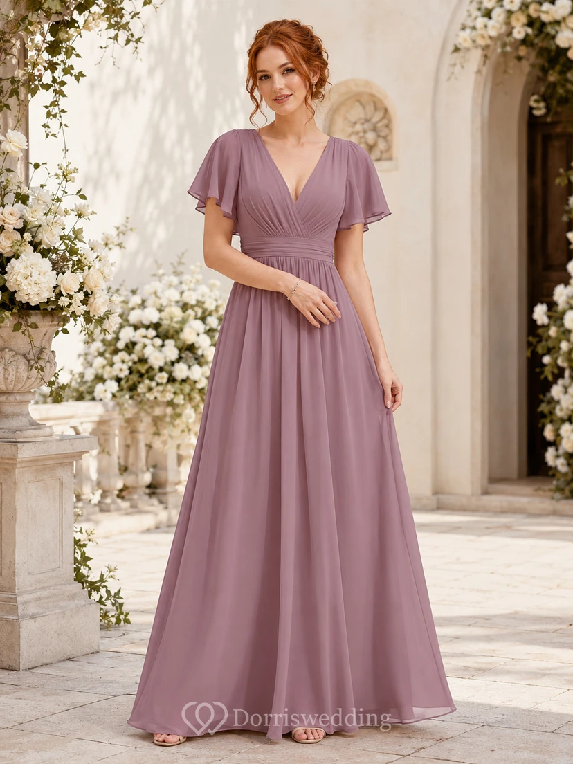 Mauve ruched waist flutter sleeve chiffon floor length bridesmaid gown