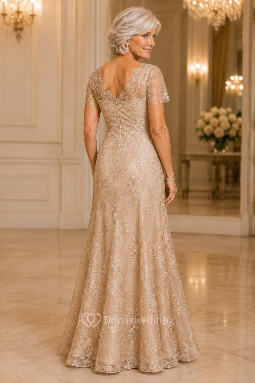 MOB Dress Champagne Lace Sequin Mermaid Short Sleeve V-Neck Floor Length Beaded view 2