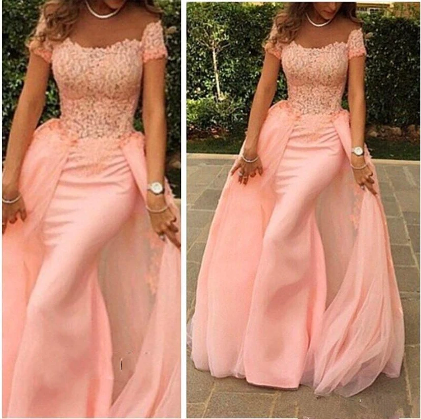Vestido de noche moderno de tul estilo sirena con hombros descubiertos y encaje hasta el suelo view 2