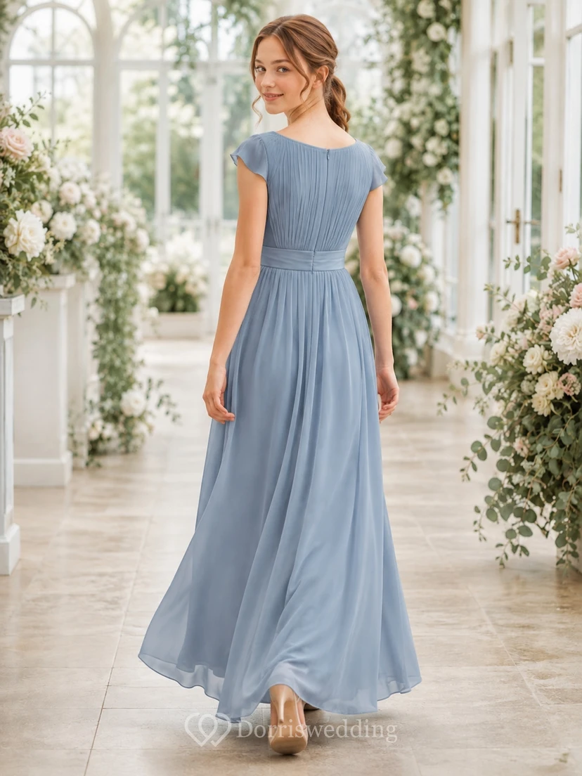 Elegantes, stahlblaues Brautjungfernkleid im A-Linien-Stil mit kurzen Ärmeln und Rundhalsausschnitt. view 2