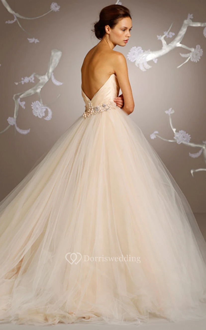Noble Crisscross Ruched Bodice Tulle Dress With Floral Jeweled Waistband view 3