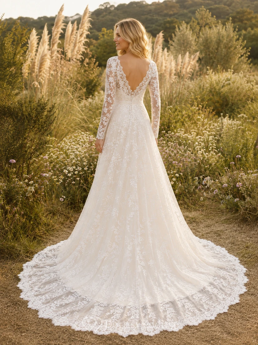 Robe de mariée bohème romantique en dentelle artisanale, col en V illusion, manches longues, coupe trapèze, traîne cathédrale, style bohème. view 2