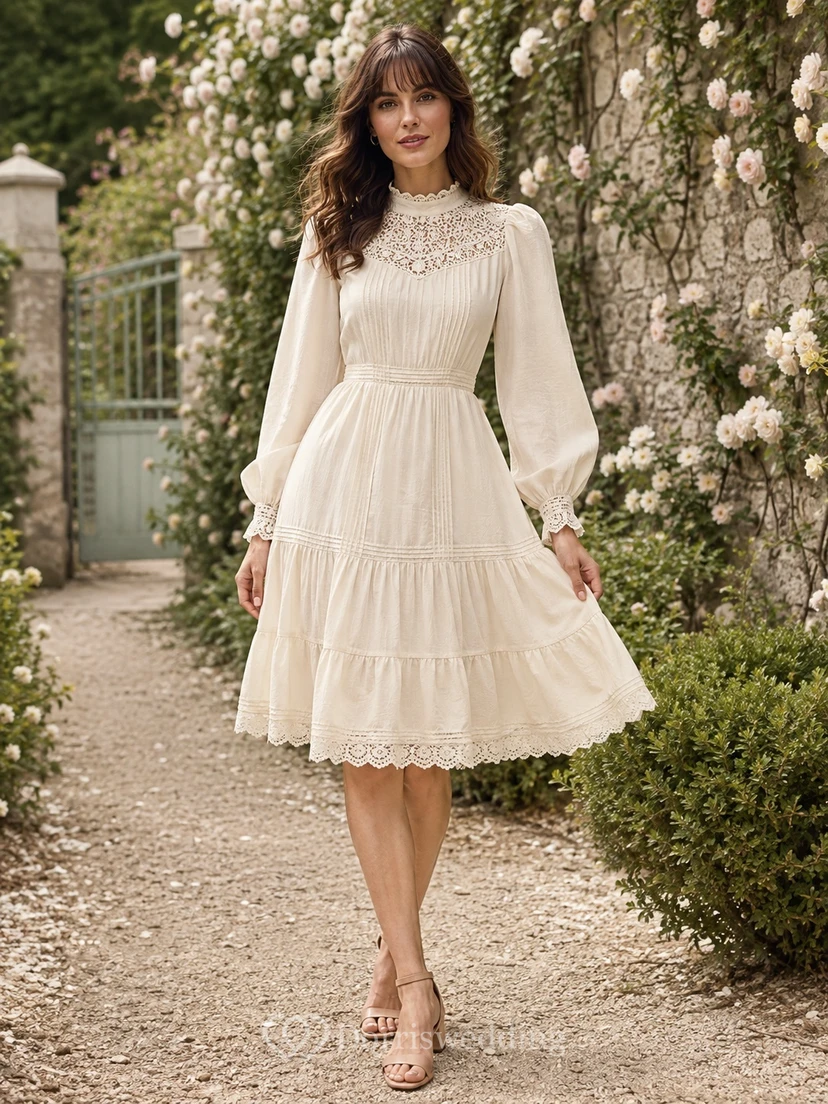 Cream High Neck Long Poet Sleeve Lace Tiered A-Line Knee-Length Bohemian Dress