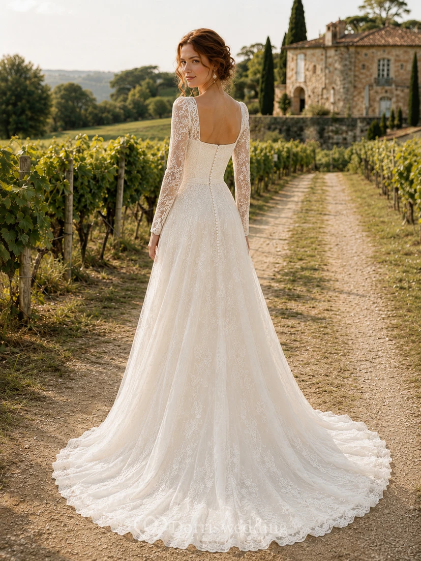 Brautkleid aus Chiffon im Landhausstil, A-Linie, eckiger Ausschnitt, lange Ärmel, bodenlang, tiefer V-Ausschnitt am Rücken view 2