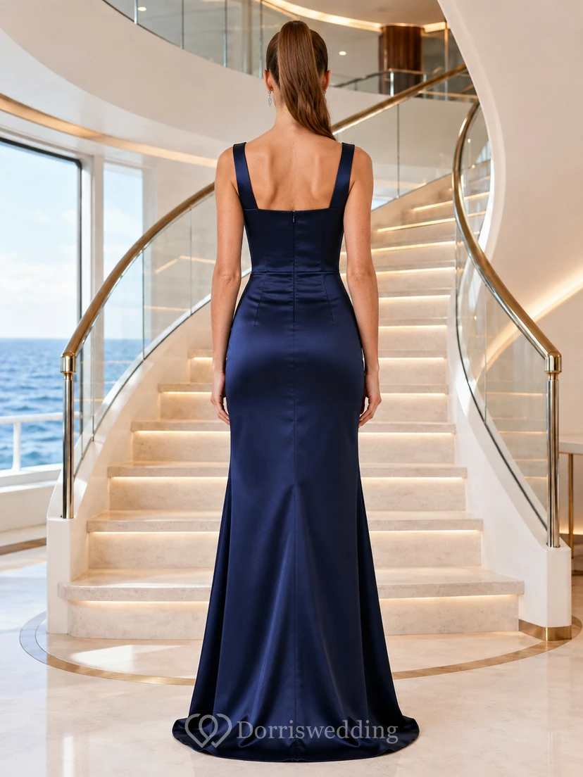Navy Square Neck Satin Sheath Cruise Formal Gown view 2