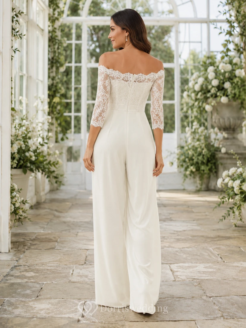 Romantic Off Shoulder Lace Bridal Jumpsuit Wide Leg Three Quarter Sleeves view 2