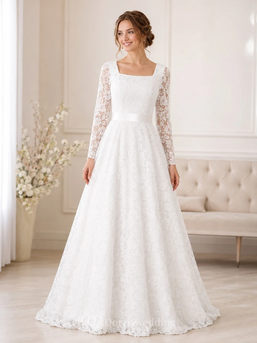 Lace Square Neck Long Sleeve Modest A-Line Wedding Gown Dress