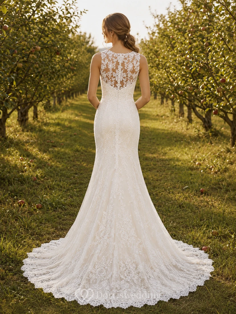 Robe de mariée bohème sirène à col montant sans manches en dentelle illusion et traîne chapelle, style champêtre view 2