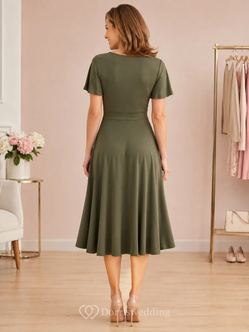 Vestido vintage de manga corta, corte A, largo hasta la rodilla, de jersey verde oliva con cuello redondo. view 2