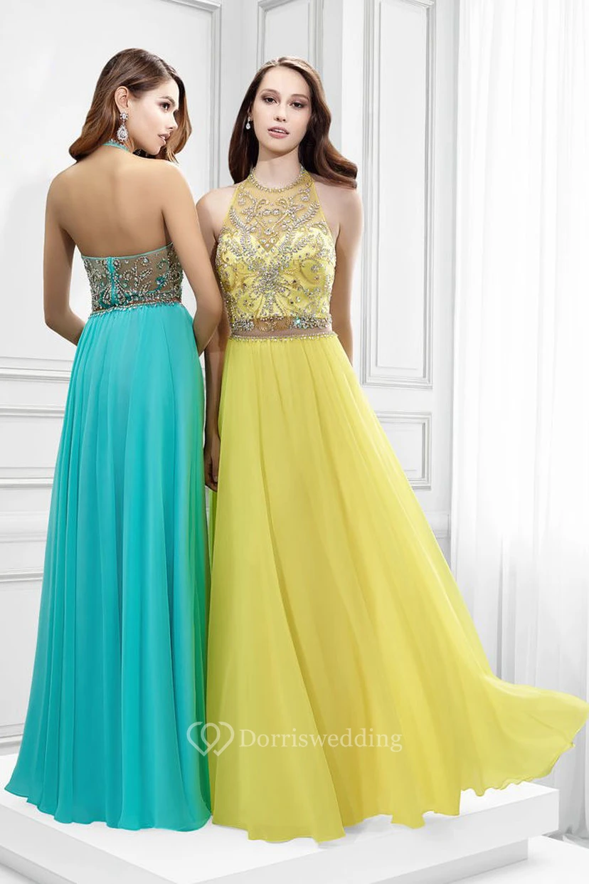 High Neck Sleeveless Crystal Tulle Prom Dress