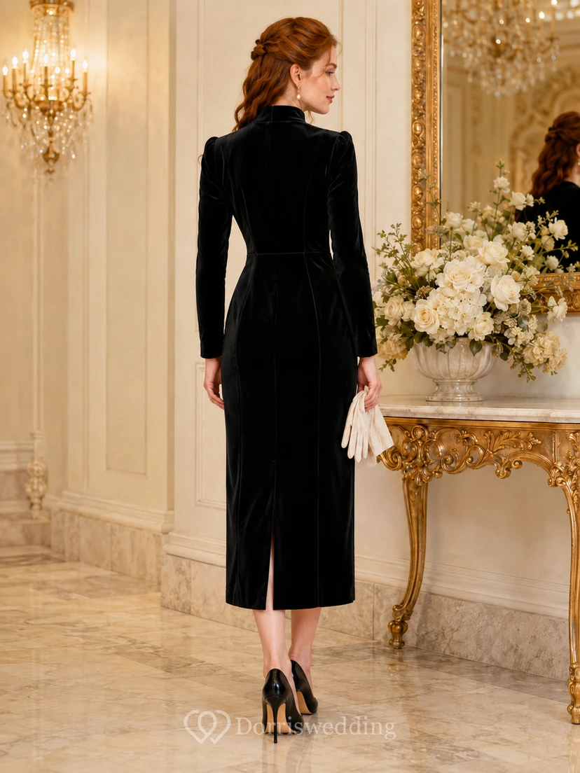 Black Velvet High Neck Long Sleeve Pencil Midi Dress view 2