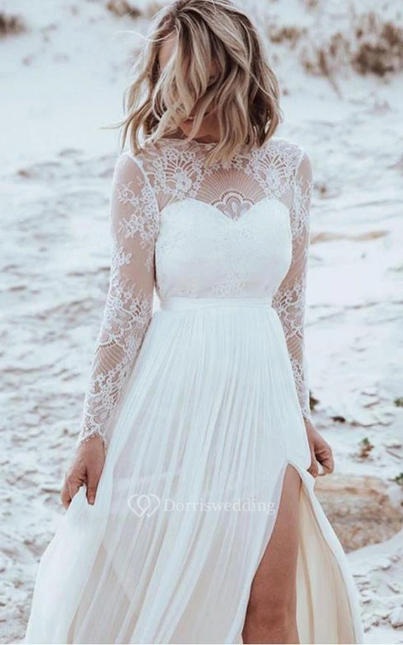 Robe de mariée simple en tulle et dentelle, coupe trapèze, longueur au sol, manches longues, fente sur le devant et plis