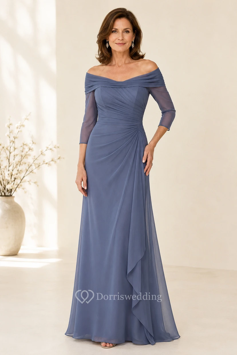 Schieferblaues schulterfreies Chiffon-A-Linien-Kleid für Mütter