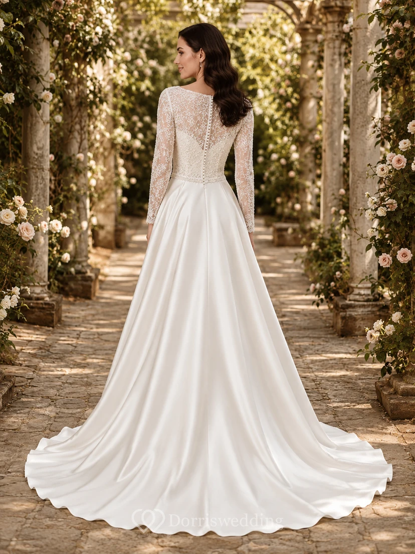 Elegant Bateau Long Lace Sleeve Satin A-Line Chapel Train Wedding Dress view 2