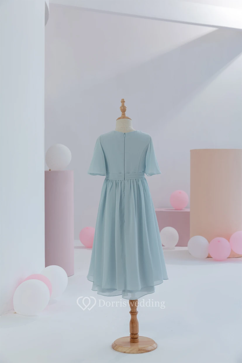 Jewel-neck Chiffon Half-sleeve Short Layered Flowergirl Dress view 2
