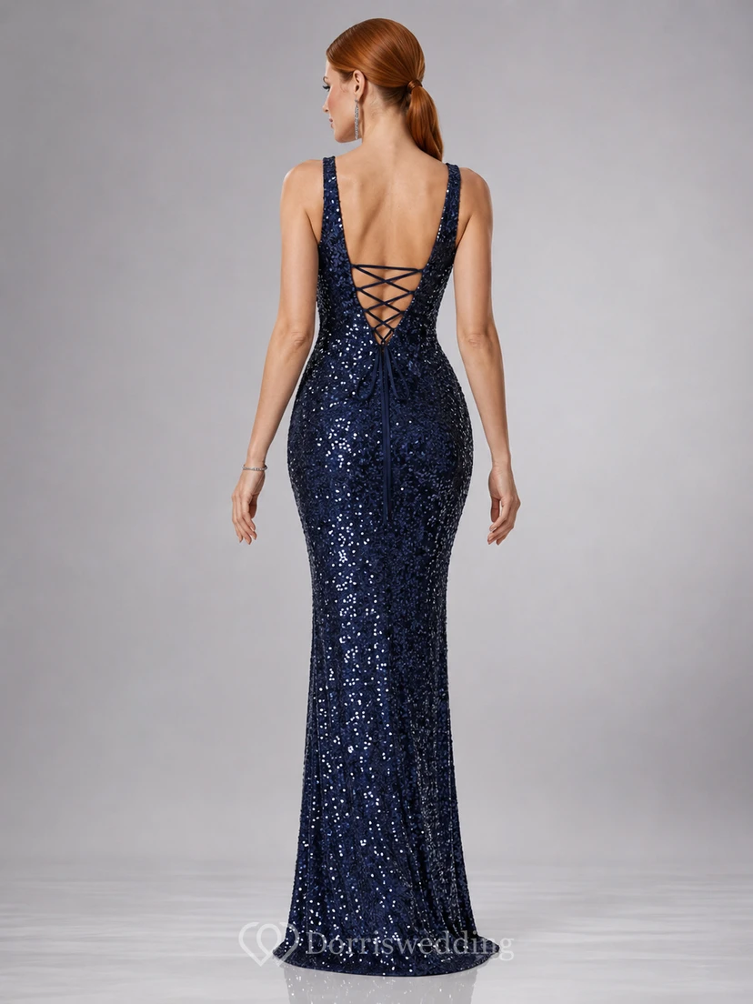 Dark Navy Scoop Sequin Lace-Up Mermaid Gown view 2